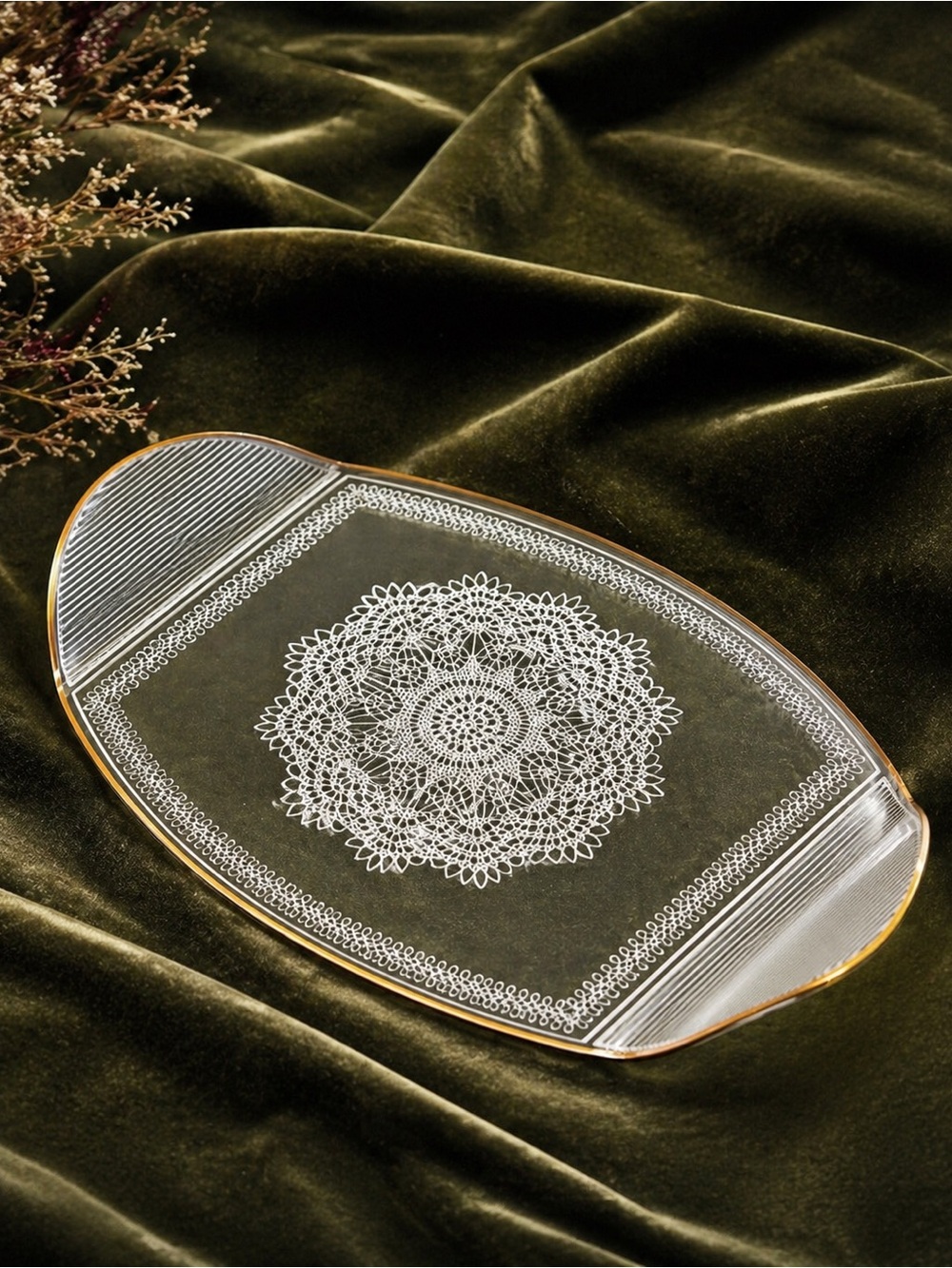 Crystal Clear Studios White Lace Oval Platter Gold Gilt Germany Vintage
